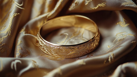 This stunning image features an elegant golden bracelet resting on soft, luxurious fabric, showcasing intricate floral engravings and delicate sheen ideal for jewelry and fashion presentations.の素材