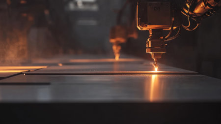 Experience the precision of advanced laser cutting technology in a bustling industrial environment, showcasing sparks and smoke during the manufacturing process.の素材