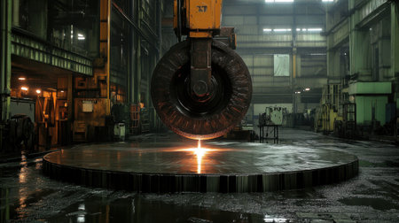 A powerful hydraulic press operates in a steel workshop, illuminating a large metal surface as it exerts force. The dim lighting enhances the industrial atmosphere, showcasing precision engineering.の素材