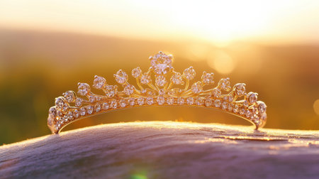 This exquisite golden tiara sparkles with gemstones and catches the warm light of a breathtaking sunset, showcasing elegance and beauty.の素材