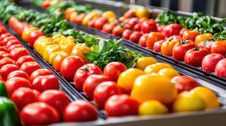A vibrant display of fresh organic vegetables in a market stall, featuring an array of red and yellow tomatoes, peppers, and green herbs, showcasing healthy eating.の素材
