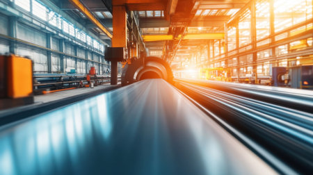 A modern industrial manufacturing facility showcases advanced machinery and a conveyor belt, illuminated by warm sunlight streaming through large windows.の素材