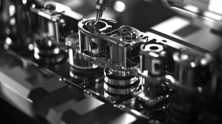 This striking close-up image showcases precision engineering components, highlighting intricate details of a modern manufacturing setting, ideal for industrial projects.の素材