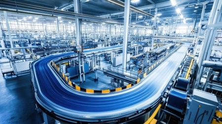 This dynamic image showcases a futuristic automated warehouse featuring intricate conveyor belts and advanced industrial machinery, illustrating efficiency in logistics operations.の素材