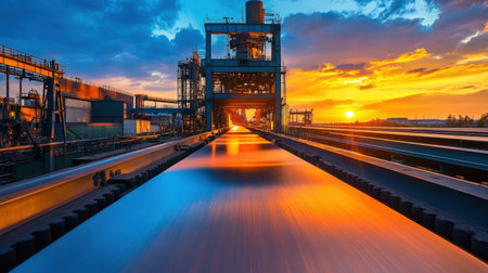 A captivating industrial scene showcasing steel production under a vibrant sunset sky, with clouds reflecting orange and blue hues against a factory landscape.の素材