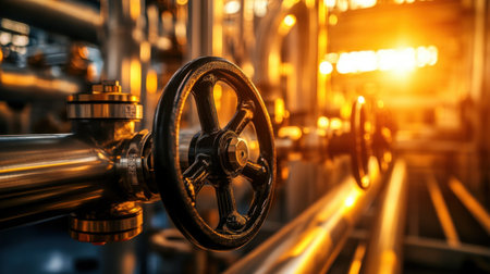 Close-up view of an industrial valve mechanism with pipes in a manufacturing plant, illuminated by warm sunset light, highlighting key components.の素材