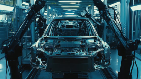 A high-tech automotive manufacturing facility showcases advanced robotic arms working diligently on the assembly line, emphasizing innovation and precision in vehicle production.の素材