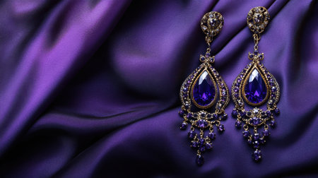 Discover stunning purple chandelier earrings adorned with sparkling details, elegantly placed on a rich satin background for a luxurious presentation.の素材