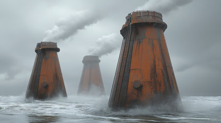 Three massive, rusted smokestacks emerge from the misty waters, surrounded by a stormy sky, highlighting the stark contrast between industry and nature.の素材
