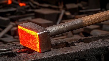 A brightly glowing hammer rests on a sturdy anvil in a blacksmith workshop. The image beautifully illustrates the intricate art of forging metal, showcasing the heat and craftsmanship involved in traditional metalworking practices.の素材