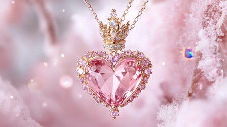 This beautiful heart-shaped pink gemstone pendant features a crown design, perfect for adding elegance to any outfit. The soft pink background enhances its charm.の素材