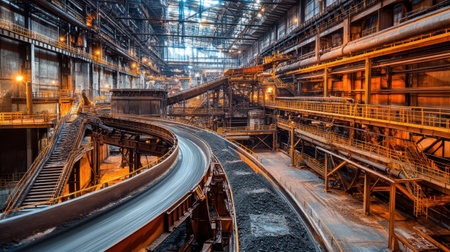 An expansive view of an industrial warehouse showcasing intricate machinery and conveyor systems highlighted by warm lighting and deep shadows.の素材