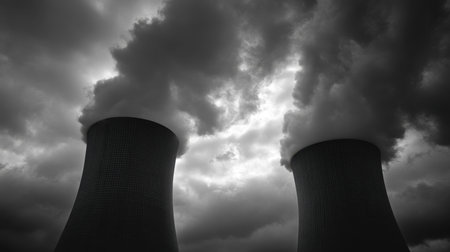 A black and white image depicting two cooling towers against a dramatic, cloud-filled sky. Steam rises from the towers, emphasizing industrial energy production.の素材