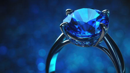A mesmerizing close-up of a blue gemstone ring showcases its radiant shine and intricate design against a captivating bokeh background. Perfect for luxury themes.の素材