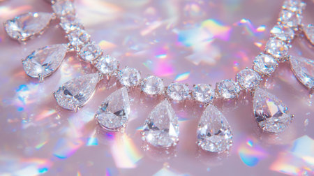A stunning close-up of an elegant necklace made of teardrop and round cut crystals, reflecting light beautifully against a shimmering background.の素材