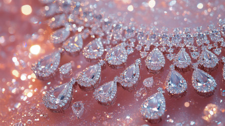 A mesmerizing close-up shot featuring clear gemstones and delicate water droplets arranged on a soft pink surface, showcasing exquisite sparkle and detail.の素材