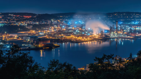 This captivating night scene features a vibrant industrial skyline above calm waters, with glowing city lights and wisps of smoke rising from factories.の素材