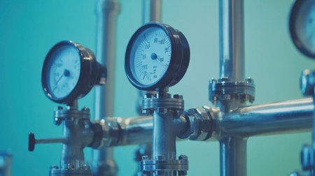 This image showcases industrial pressure gauges mounted on a metal pipeline, highlighting precision measurement tools used in various engineering applications.の素材