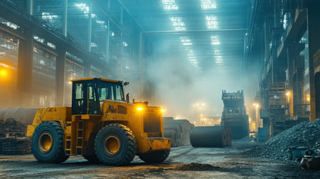 A heavy loader operates within a spacious industrial warehouse, surrounded by stacked materials and a foggy atmosphere, highlighting machinery in action.の素材