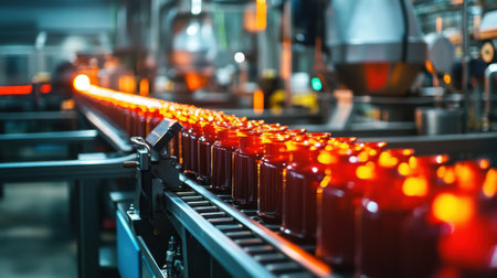 A vibrant factory scene depicting a production line filled with glass jars moving along a conveyor belt, highlighting modern bottling automation.の素材