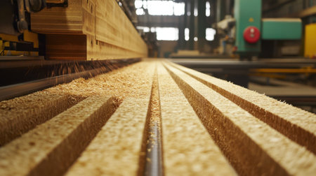This image captures a close-up view of wooden planks being processed in an industrial workshop. The focus on the textured surface and machinery provides insight into the woodworking process.の素材