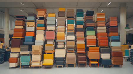 A vibrant display of stacked chairs and sofas in various colors, showcasing a modern furniture arrangement in an indoor showroom setting.の素材