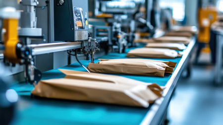 A modern packaging assembly line showcases wrapped products on a conveyor belt, highlighting industrial processes in a busy manufacturing environment.の素材