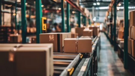 An organized scene of a modern warehouse with cardboard boxes on a conveyor belt, showcasing efficient logistics and storage solutions in action.の素材