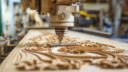 A CNC machine intricately carves detailed patterns into a wooden surface, showcasing the fusion of technology and traditional craftsmanship in a workshop.の素材