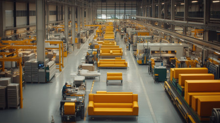 A modern furniture warehouse featuring spacious areas filled with vibrant yellow sofas. The well-organized production space highlights effective logistics and furniture design.の素材