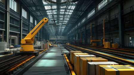 A spacious industrial warehouse showcasing a state-of-the-art robotic arm and conveyor system designed to enhance efficiency in storage and logistics operations.の素材