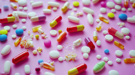 A vibrant collection of assorted pills and capsules displayed on a soft pink surface, showcasing various shapes, colors, and sizes in a dynamic arrangement.の素材