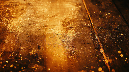 A captivating close-up of a dark wooden surface dusted with golden particles, showcasing a warm glow perfect for artistic and decorative projects.の素材
