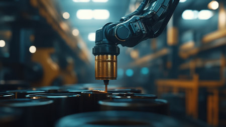 A close-up view of a robotic arm interacting with industrial materials in a busy warehouse, showcasing advanced technology and precision in manufacturing processes.の素材