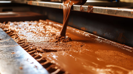 Liquid chocolate pours smoothly from a spout into a glossy surface, showcasing the rich texture and color in a candy factory setting. The scene highlights the production process of this beloved confectionery delight.の素材