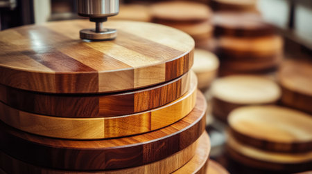 A collection of beautifully crafted wooden cutting boards stacked in a workshop, highlighting the intricate grain patterns and superior craftsmanship involved in their creation.の素材