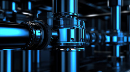 This high-resolution image captures the intricate details of a metallic pipeline, illuminated with striking blue lights, creating a modern and industrial aesthetic.の素材