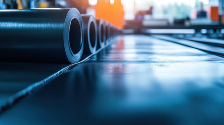 This image captures a close-up view of rolls of industrial material on a production line, showcasing the textures and equipment of a manufacturing facility.の素材