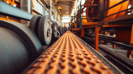 Captured from a low angle, this image showcases an industrial conveyor belt within a manufacturing facility, highlighting the intricate design and robust equipment used for material transport.の素材