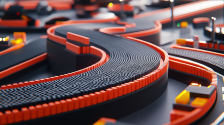 A vibrant and dynamic model race track featuring curved roads and traffic lights, perfect for gaming and toy enthusiasts who enjoy high-speed competition.の素材