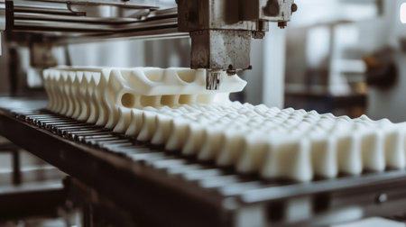 A close-up view of advanced factory machinery producing cutting-edge foam materials on a precision production line, showcasing modern manufacturing techniques.の素材