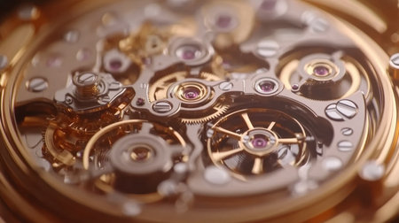 Close-up view of a luxury mechanical watch movement showcasing intricate design with gold gears and jewels. This image highlights the fine craftsmanship and engineering involved in watchmaking.の素材