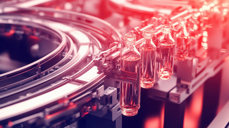 This image showcases a modern beverage manufacturing facility where glass bottles filled with liquid are efficiently transported on a conveyor system.の素材