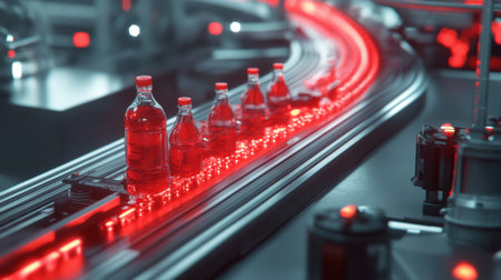 This image captures a modern beverage production line featuring illuminated conveyors transporting bottles in a high-tech red light setting, highlighting efficiency.の素材