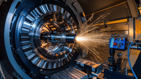 A captivating view of an industrial machining process showcasing sparks flying as metal is expertly shaped, highlighting modern technology in a workshop environment.の素材