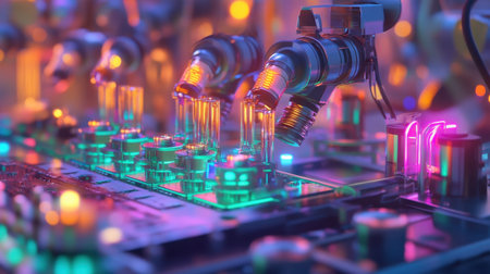 Captivating view of an advanced laboratory featuring colorful glowing tools and equipment, highlighting the essence of technological innovation and creativity.の素材