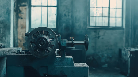 An atmospheric view of a vintage lathe machine in an industrial workshop, showcasing old tools and natural light filtering through worn windows.の素材