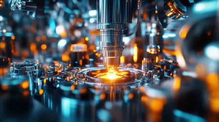 This image showcases advanced laser technology in an industrial setting, highlighting precision machinery and glowing metallic components in a modern engineering environment.の素材