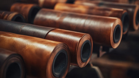 Explore a captivating image of various rolls of rich brown leather in a workshop. This photo showcases the texture and quality essential for crafting unique leather goods.の素材