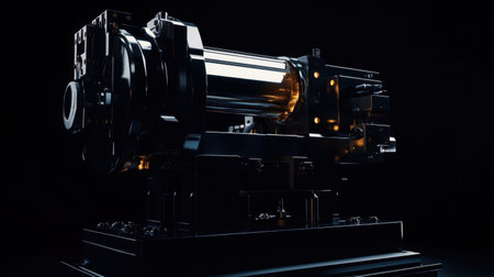 A striking close-up of an industrial machine component showcasing a glossy metallic finish against a black background, highlighting intricate details and engineering precision.の素材